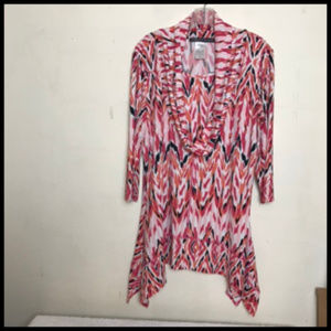 Abstract Chevron Design Cowl Neck Shark Bite Hem Stretch Tunic Top Size 1X